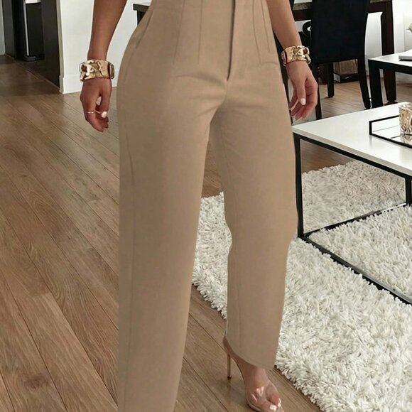 Khaki Casual Women's Elegant Pleated Side Pockets Slim Fit Pants